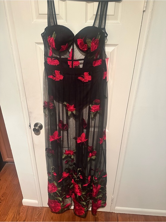 Betsey Johnson Dresses & Skirts - Betsey Johnson Black Sheer Dress with Pink Label and Red Floral Detail